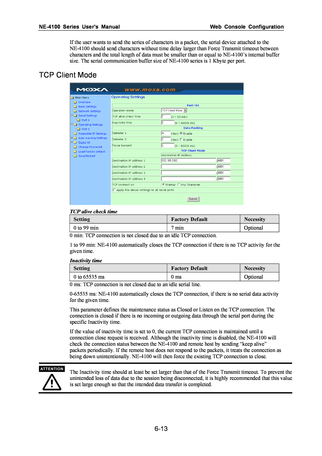 Moxa Technologies TCP Client Mode, 6-13, NE-4100 Series User’s Manual, Web Console Configuration, TCP alive check time 