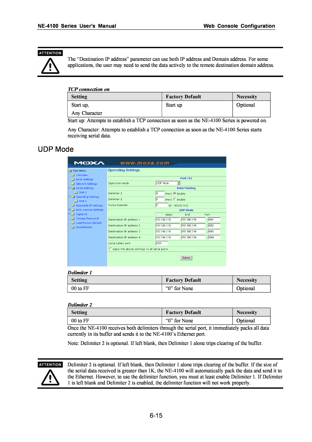 Moxa Technologies UDP Mode, 6-15, NE-4100 Series User’s Manual, Web Console Configuration, TCP connection on, Delimiter 