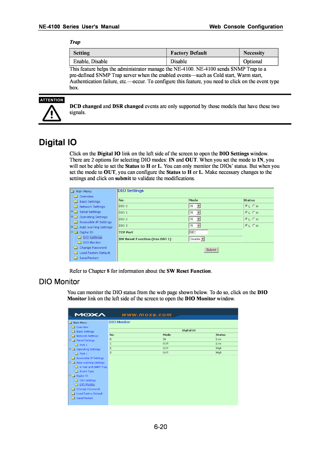 Moxa Technologies Digital IO, DIO Monitor, 6-20, NE-4100 Series User’s Manual, Web Console Configuration, Trap, Setting 