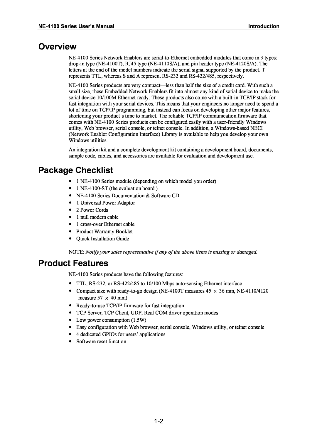 Moxa Technologies user manual Overview, Package Checklist, Product Features, NE-4100 Series User’s Manual, Introduction 