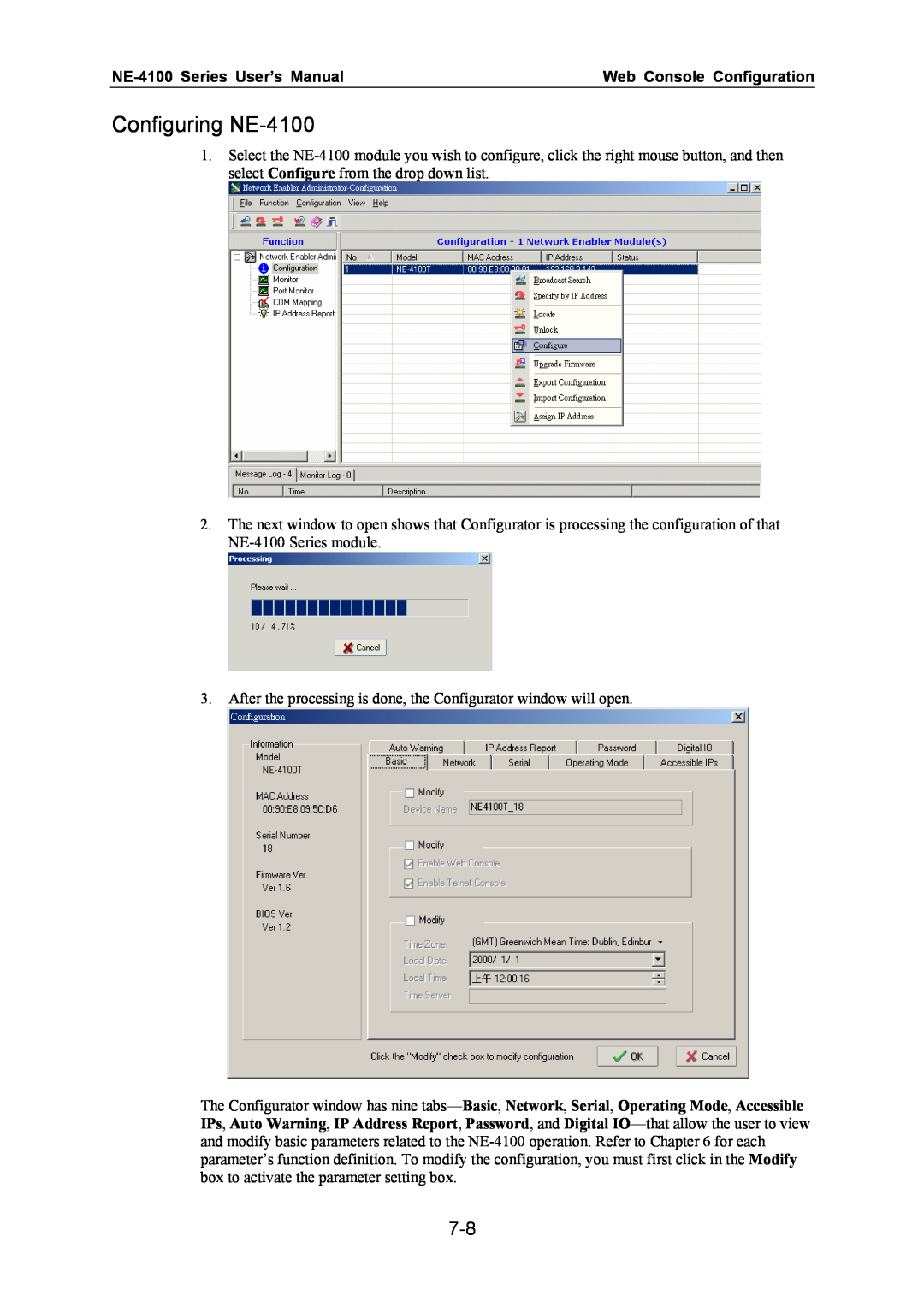 Moxa Technologies user manual Configuring NE-4100, NE-4100 Series User’s Manual, Web Console Configuration 