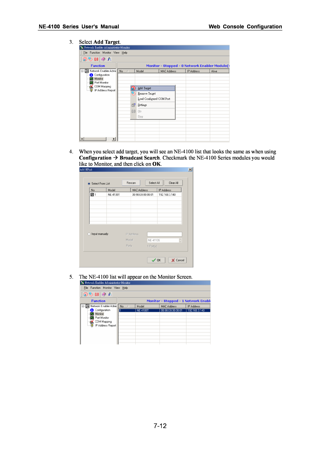 Moxa Technologies user manual 7-12, NE-4100 Series User’s Manual, Web Console Configuration, Select Add Target 