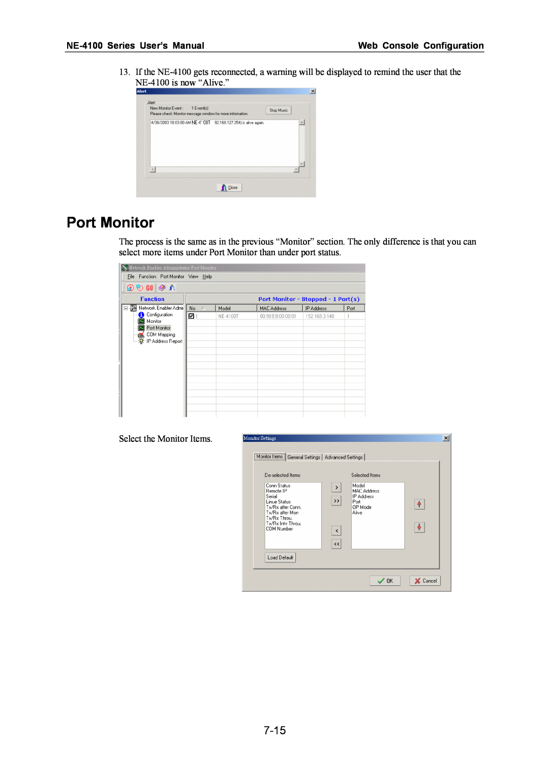 Moxa Technologies user manual Port Monitor, 7-15, NE-4100 Series User’s Manual, Web Console Configuration 