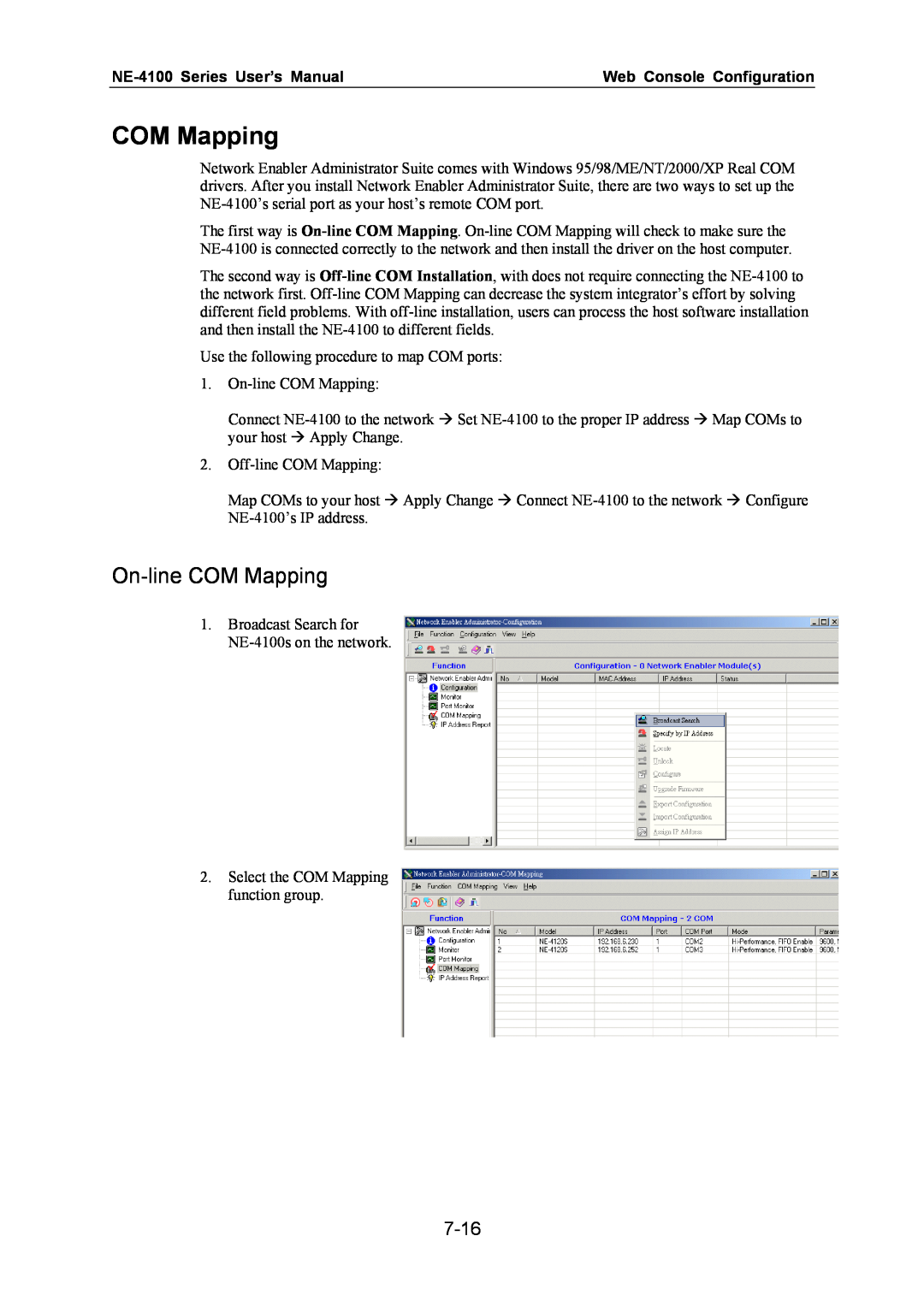 Moxa Technologies user manual On-line COM Mapping, 7-16, NE-4100 Series User’s Manual, Web Console Configuration 