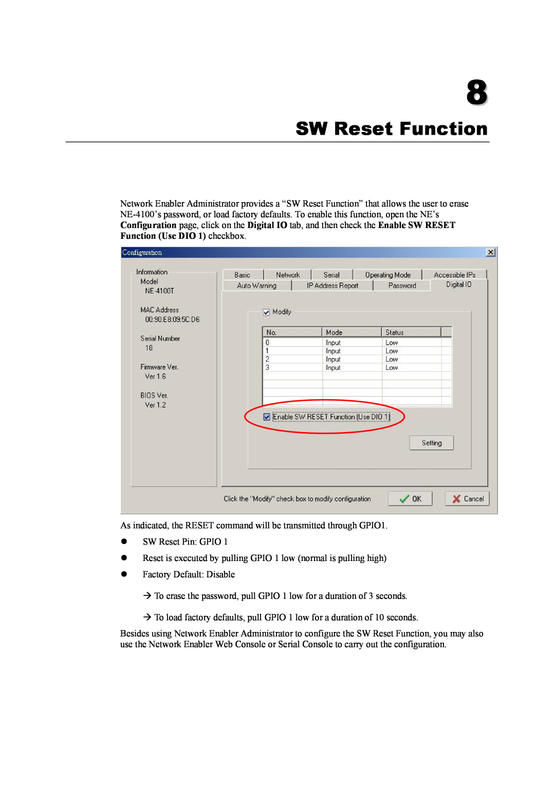Moxa Technologies NE-4100 user manual SW Reset Function 