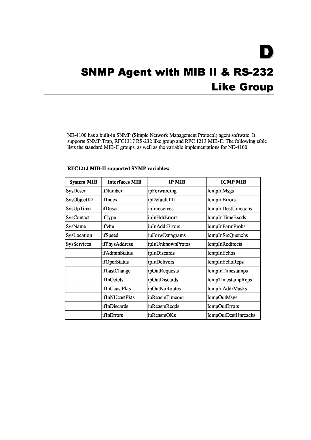 Moxa Technologies NE-4100 user manual SNMP Agent with MIB II & RS-232 Like Group 