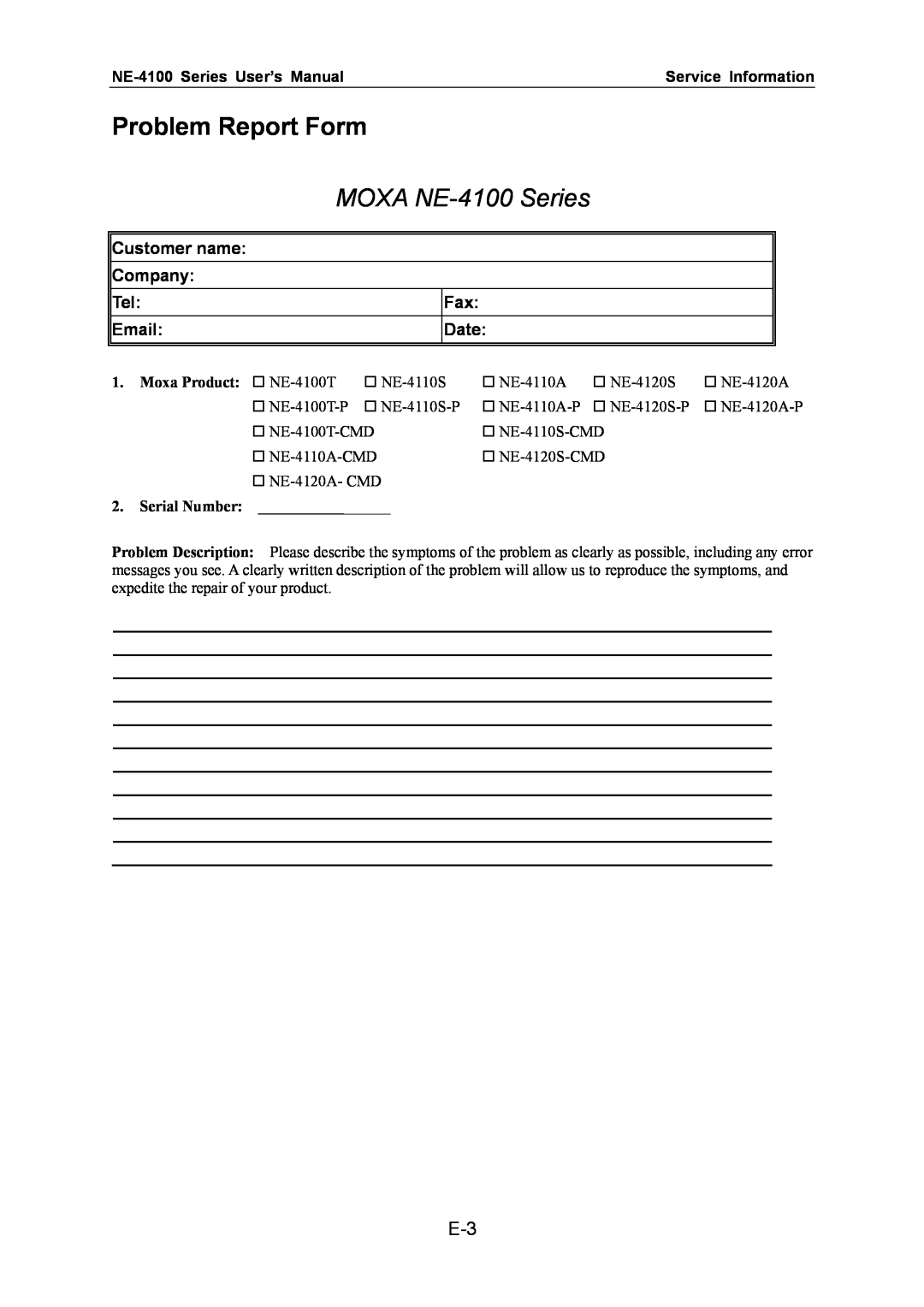 Moxa Technologies Problem Report Form, MOXA NE-4100 Series, NE-4100 Series User’s Manual, Service Information 