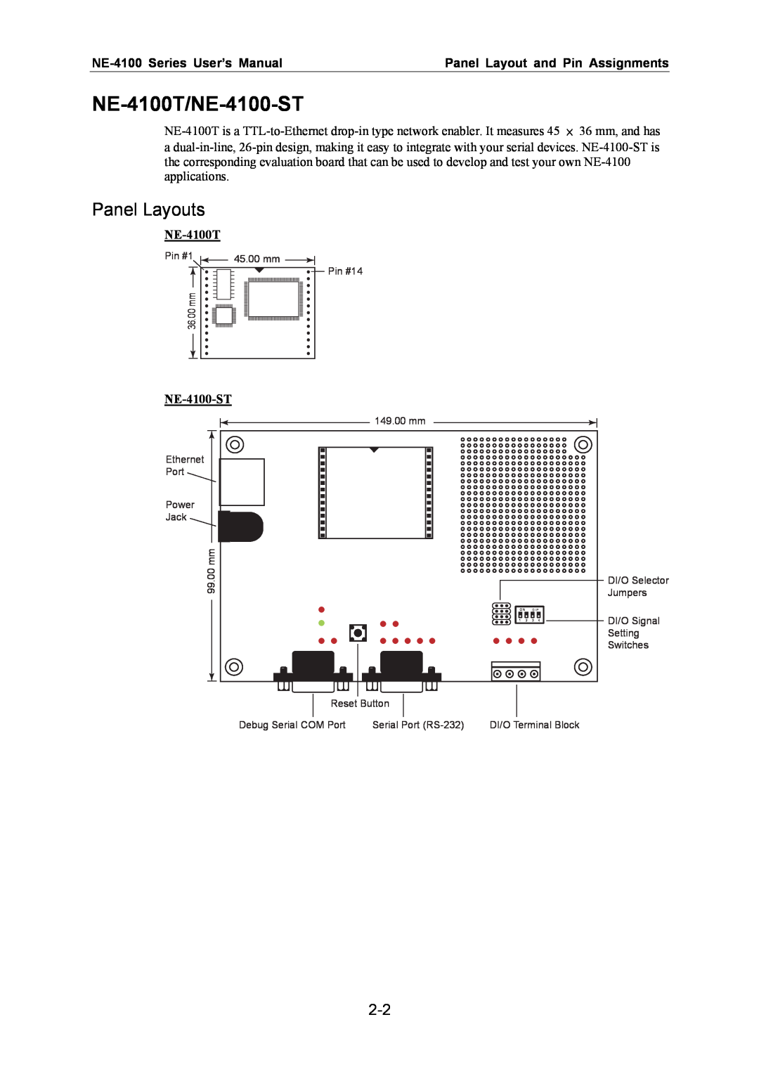 Moxa Technologies NE-4100T/NE-4100-ST, Panel Layouts, NE-4100 Series User’s Manual, Panel Layout and Pin Assignments 