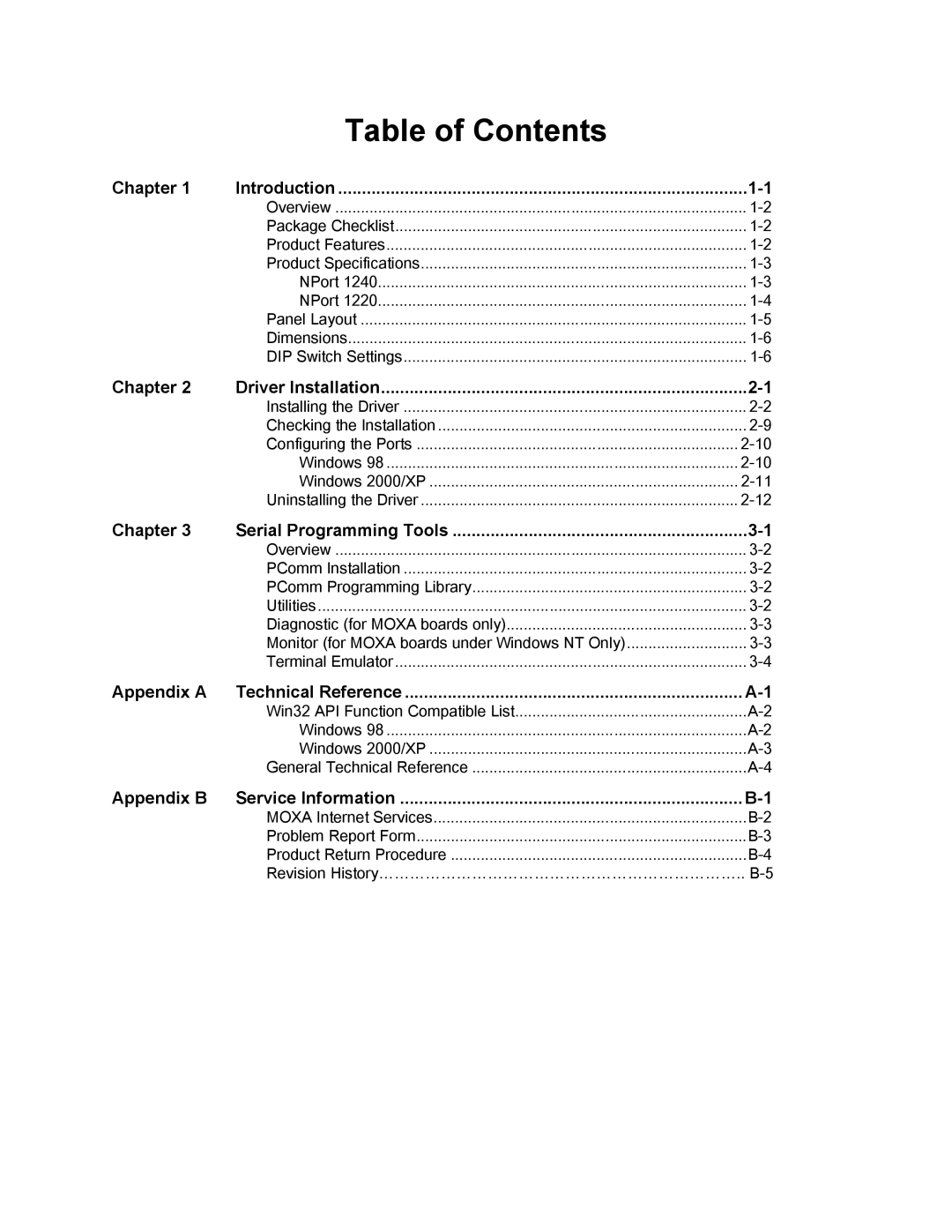 Moxa Technologies NPort 1220, NPort 1240 user manual Table of Contents 