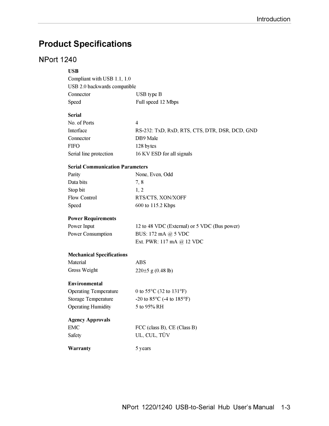 Moxa Technologies NPort 1240, NPort 1220 user manual Product Specifications 