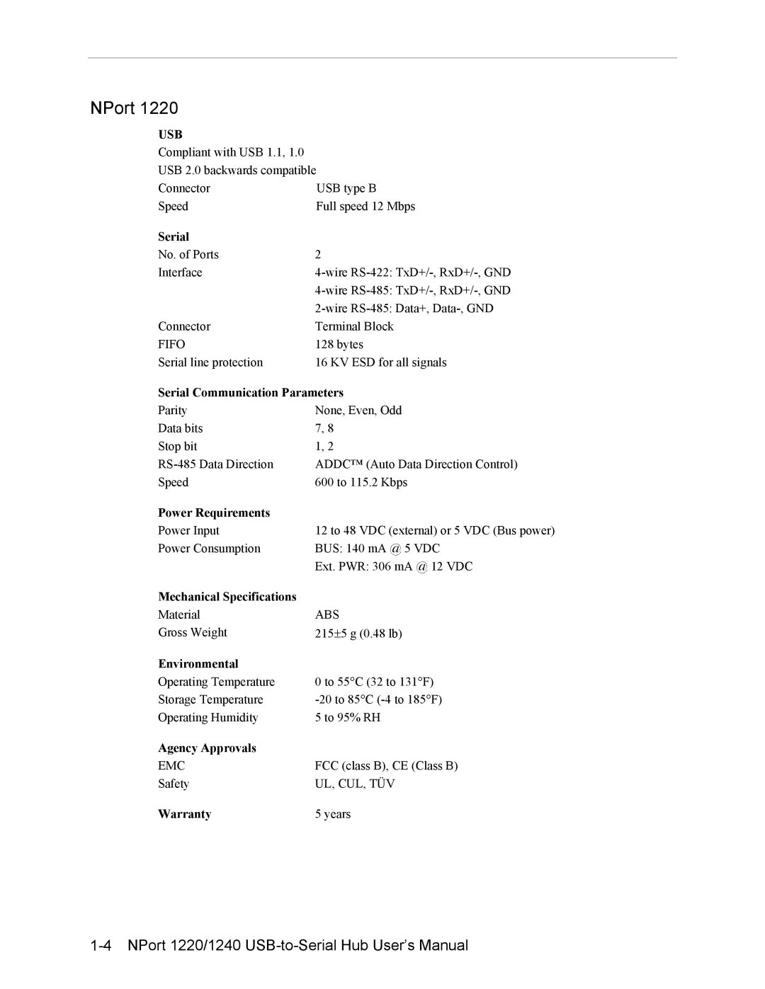 Moxa Technologies NPort 1220, NPort 1240 user manual Gross Weight 215 ±5 g 0.48 lb 