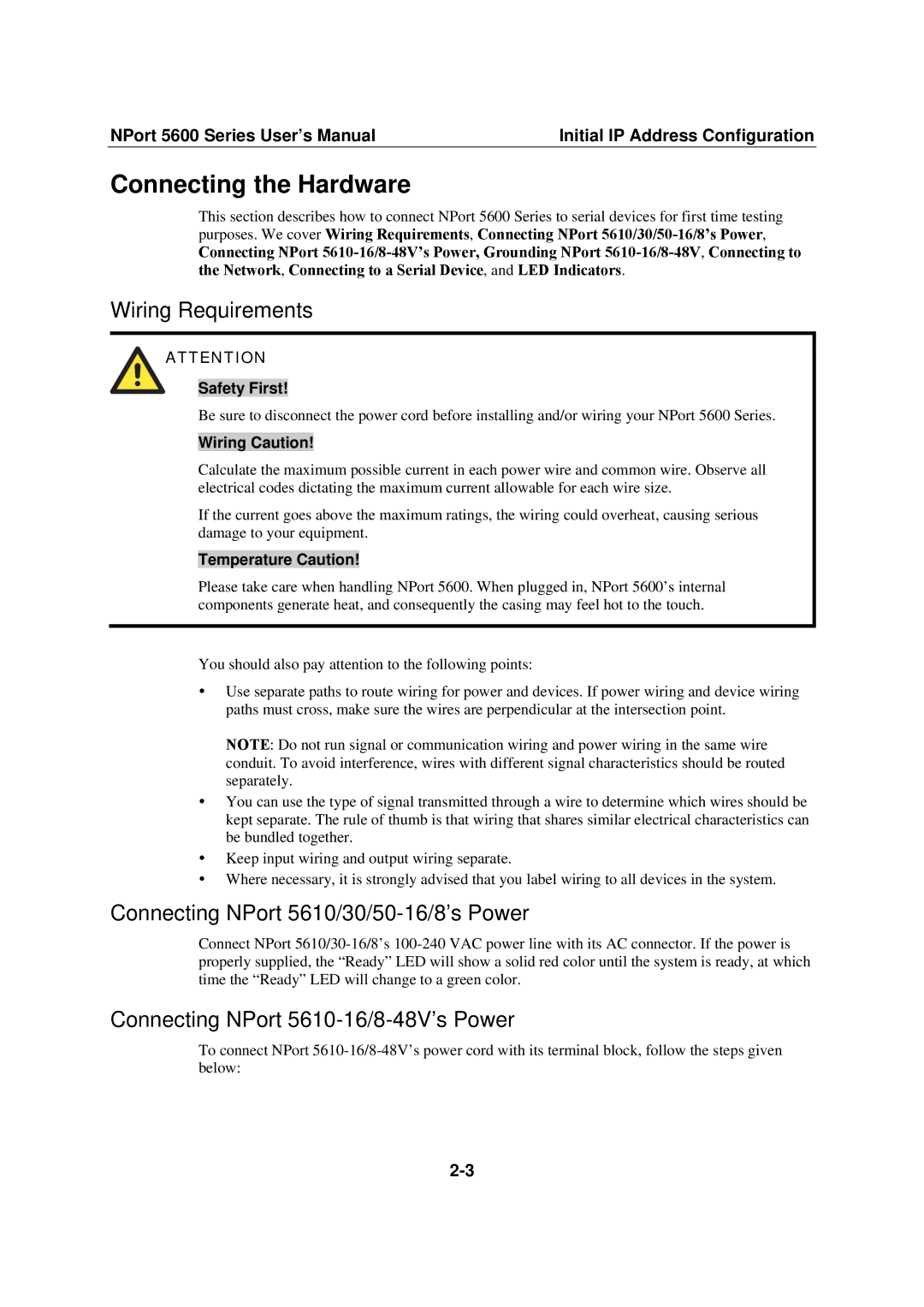 Moxa Technologies NPort 5600 Connecting the Hardware, Wiring Requirements, Connecting NPort 5610/30/50-16/8’s Power 