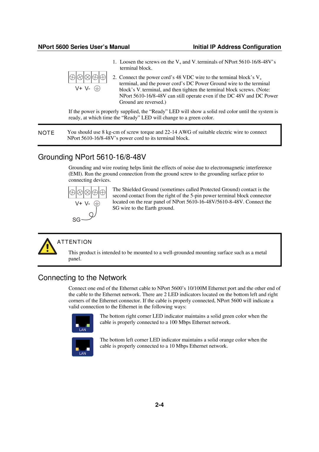 Moxa Technologies NPort 5600 user manual Grounding NPort 5610-16/8-48V, Connecting to the Network 