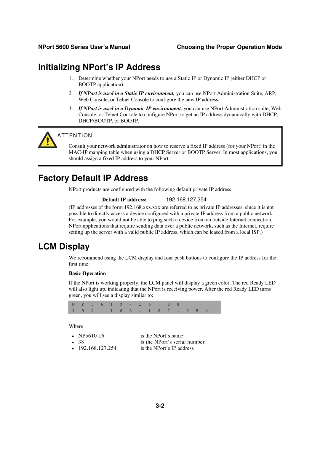 Moxa Technologies NPort 5600 Initializing NPort’s IP Address, Factory Default IP Address, LCM Display, Default IP address 