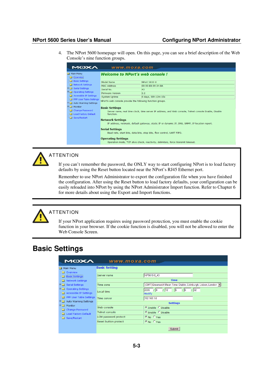 Moxa Technologies NPort 5600 user manual Basic Settings 