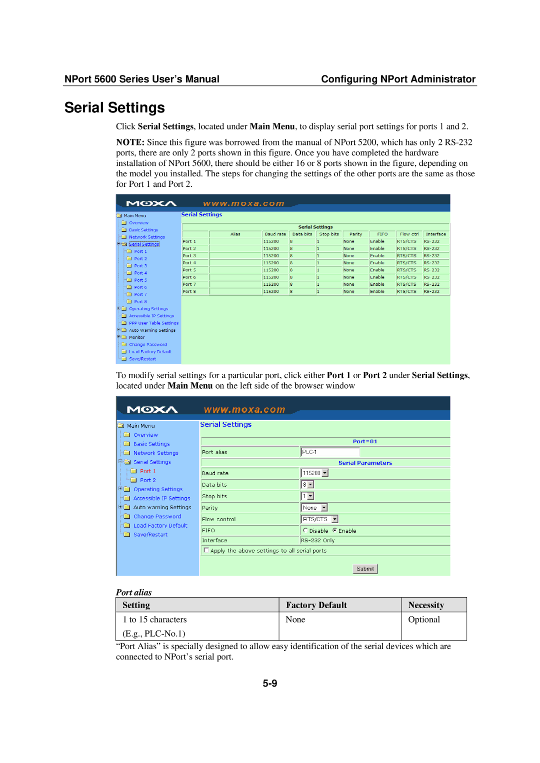 Moxa Technologies NPort 5600 user manual Serial Settings, Port alias 