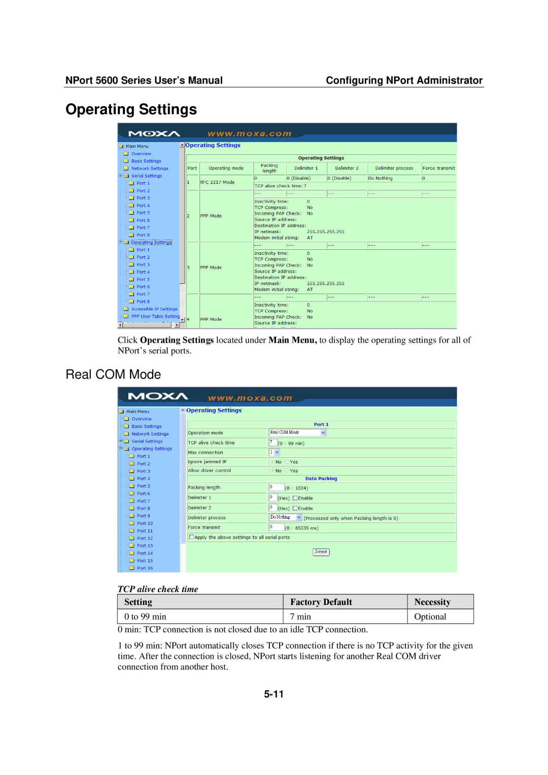 Moxa Technologies NPort 5600 user manual Operating Settings, Real COM Mode, TCP alive check time 