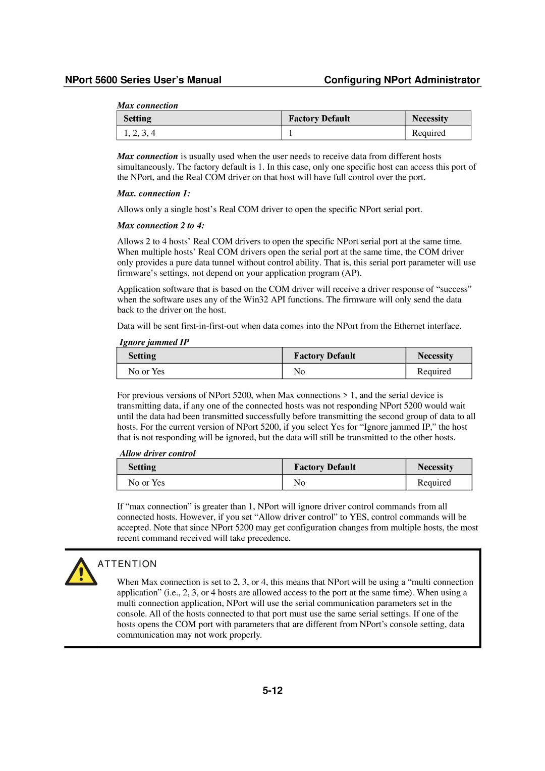 Moxa Technologies NPort 5600 Max connection Setting Factory Default Necessity Required, Max. connection, Ignore jammed IP 