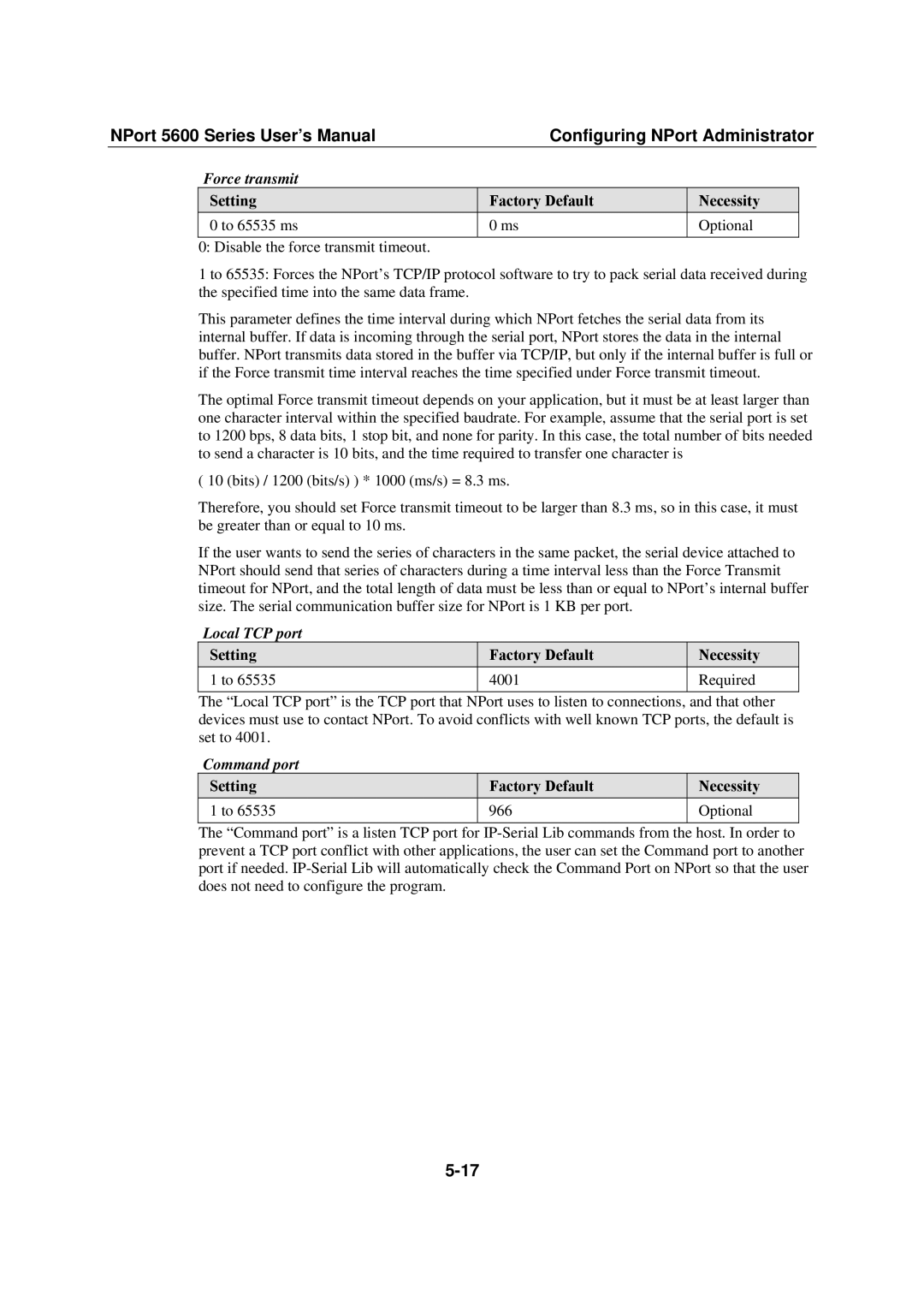 Moxa Technologies NPort 5600 user manual Local TCP port, Setting Factory Default Necessity 4001 Required, Command port 