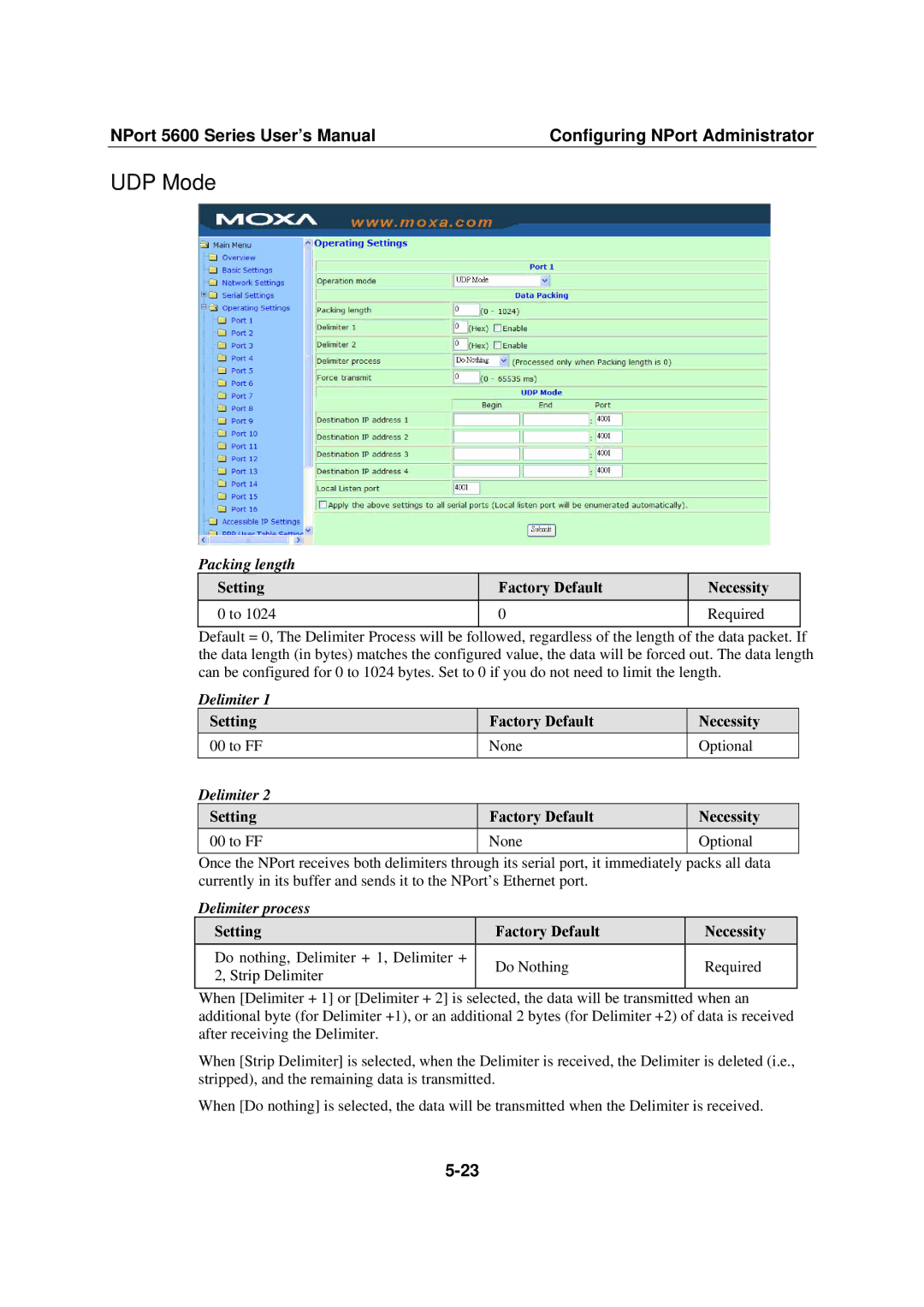 Moxa Technologies NPort 5600 user manual UDP Mode, Packing length 