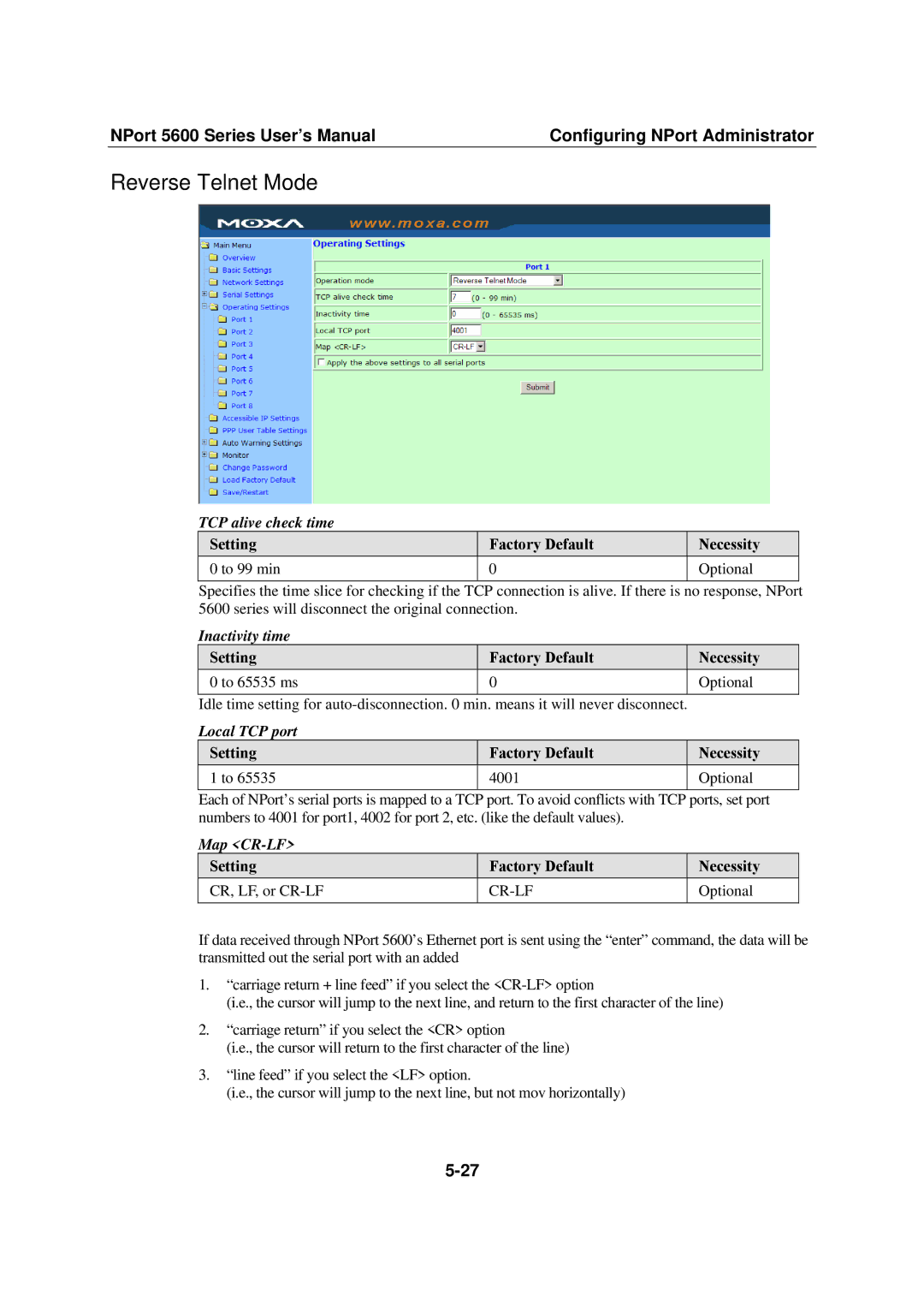 Moxa Technologies NPort 5600 Reverse Telnet Mode, Setting Factory Default Necessity To 99 min Optional, Map CR-LF 