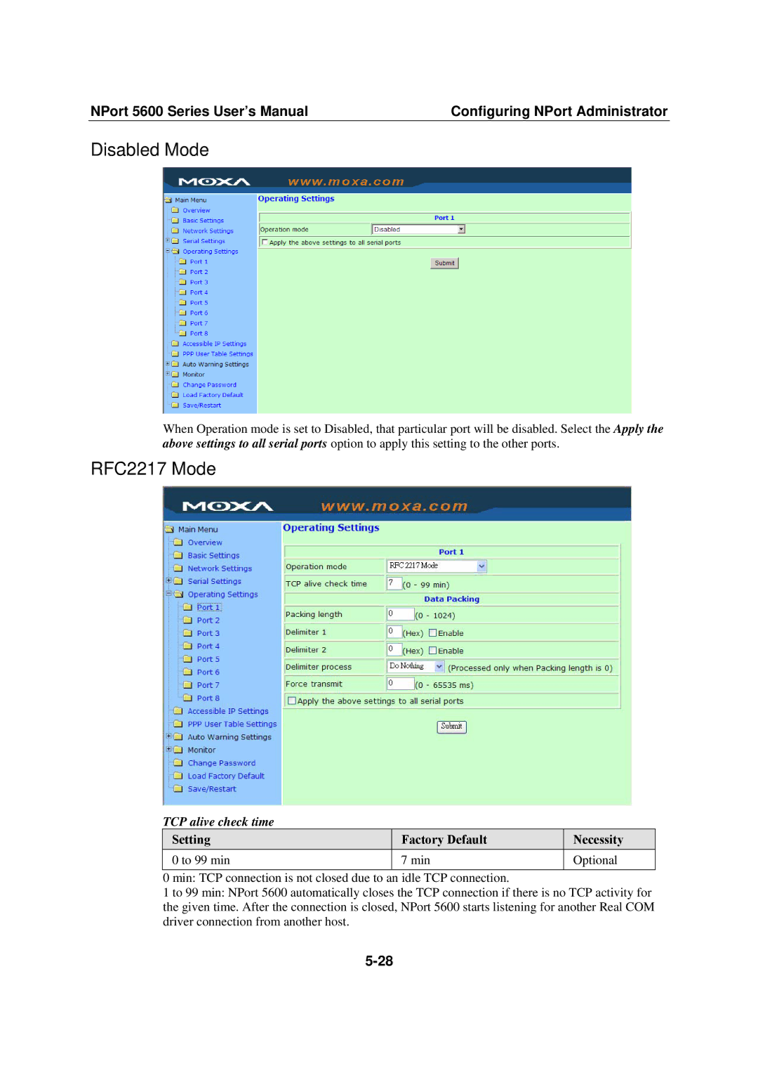 Moxa Technologies NPort 5600 user manual Disabled Mode, RFC2217 Mode 