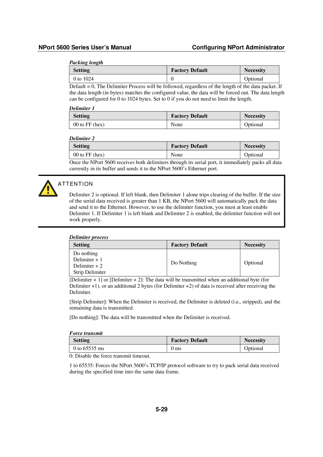 Moxa Technologies NPort 5600 user manual Packing length Setting Factory Default Necessity Optional 