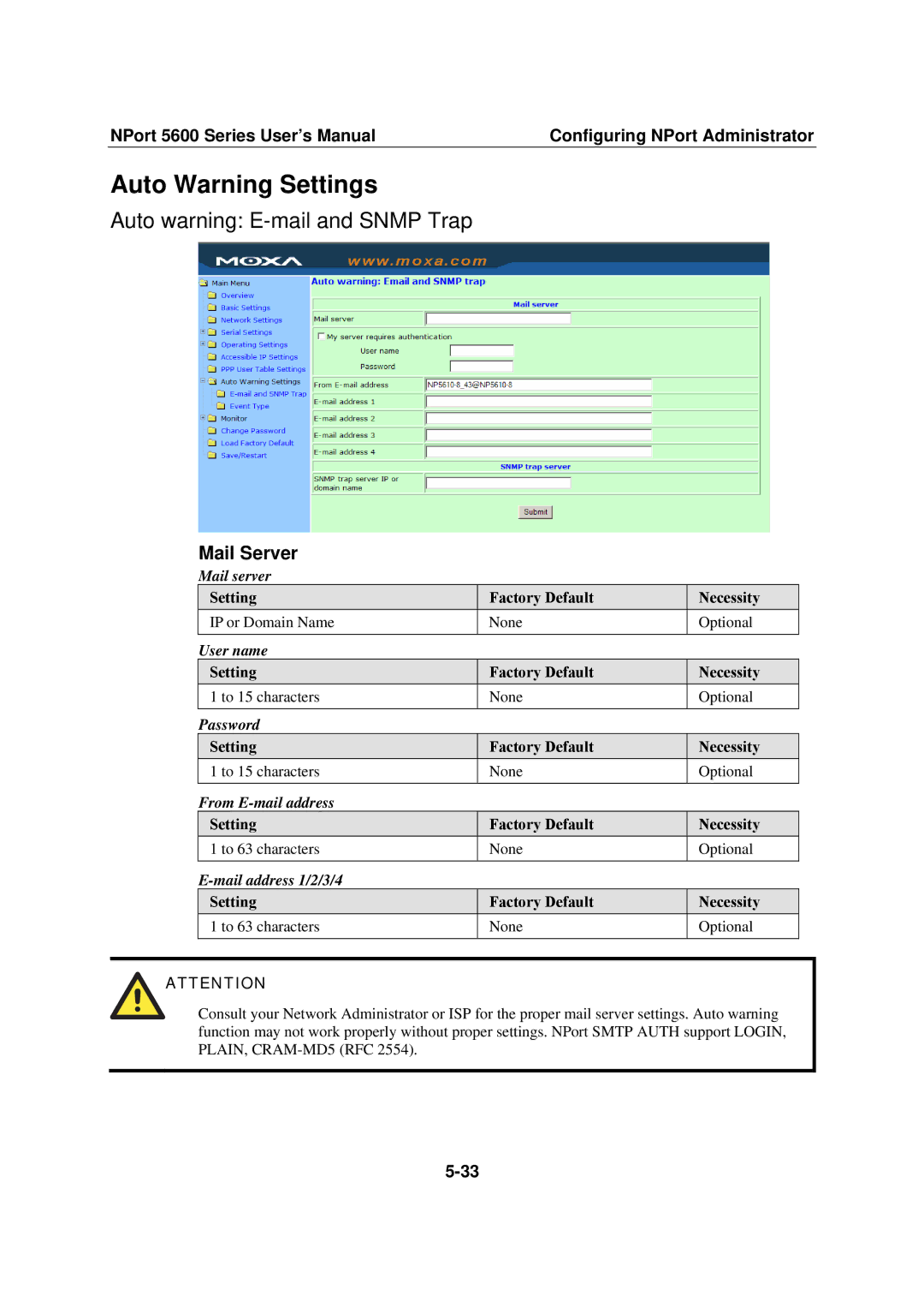 Moxa Technologies NPort 5600 user manual Auto Warning Settings, Auto warning E-mail and Snmp Trap, Mail Server 