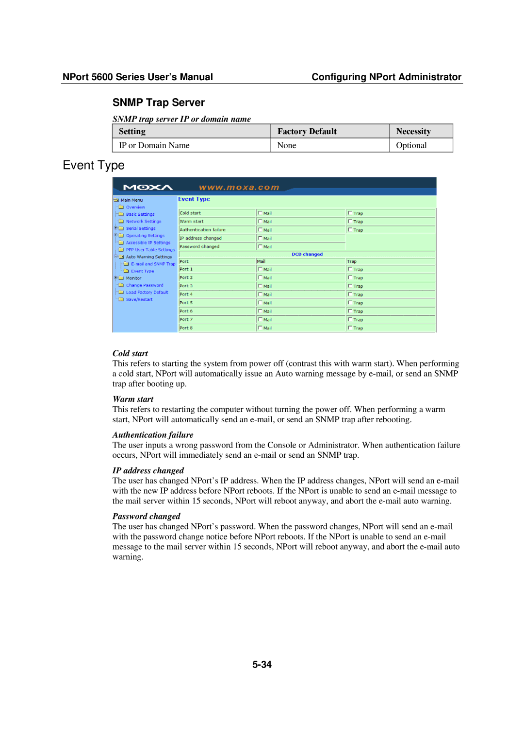 Moxa Technologies NPort 5600 user manual Event Type, Snmp Trap Server 