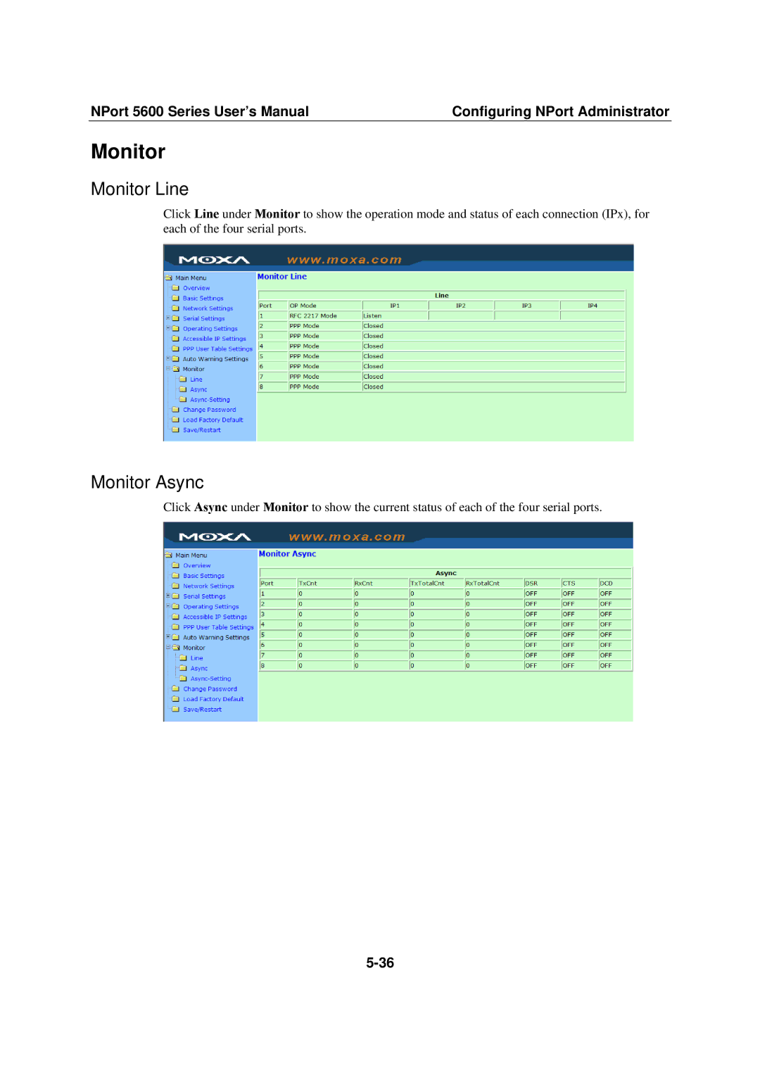 Moxa Technologies NPort 5600 user manual Monitor Line, Monitor Async 