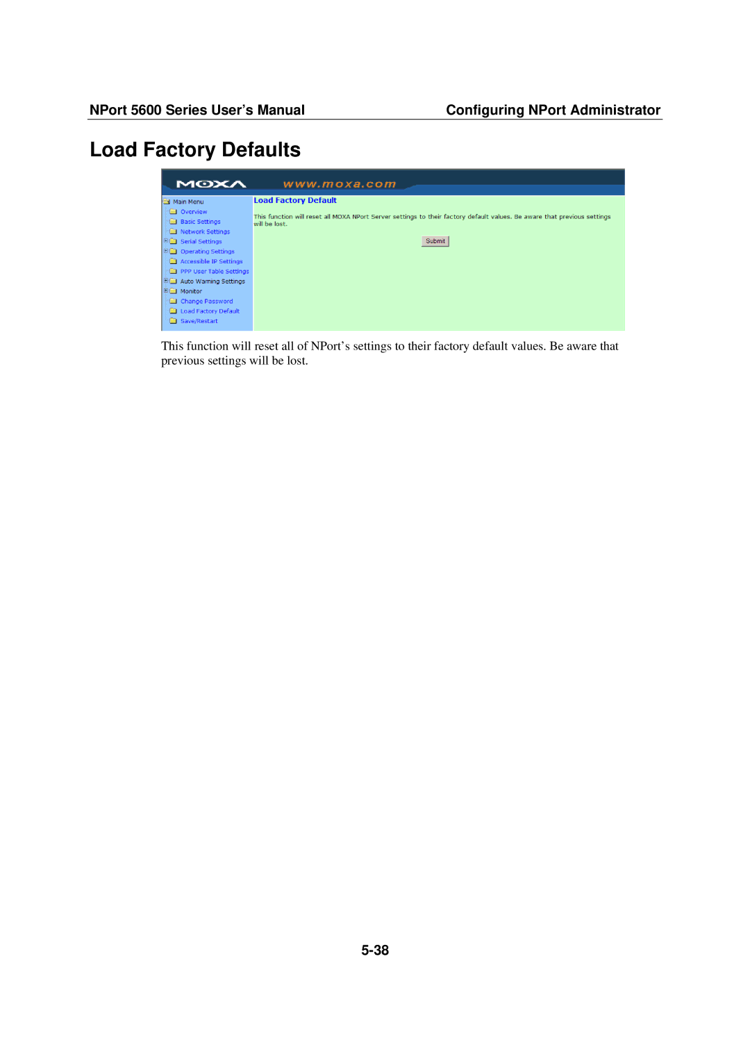 Moxa Technologies NPort 5600 user manual Load Factory Defaults 