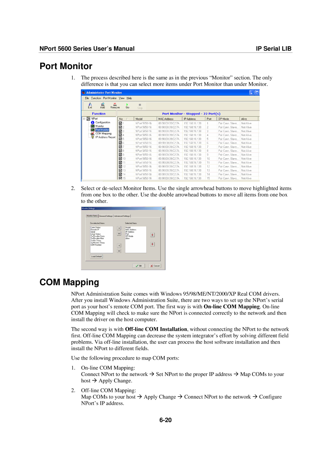 Moxa Technologies NPort 5600 user manual Port Monitor, COM Mapping 