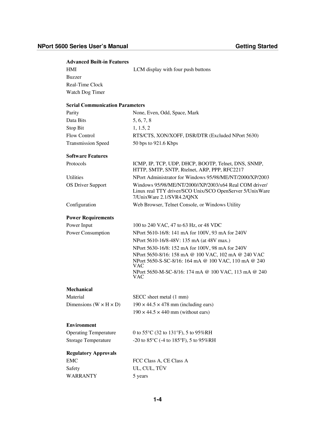 Moxa Technologies NPort 5600 Advanced Built-in Features, Serial Communication Parameters, Software Features, Mechanical 