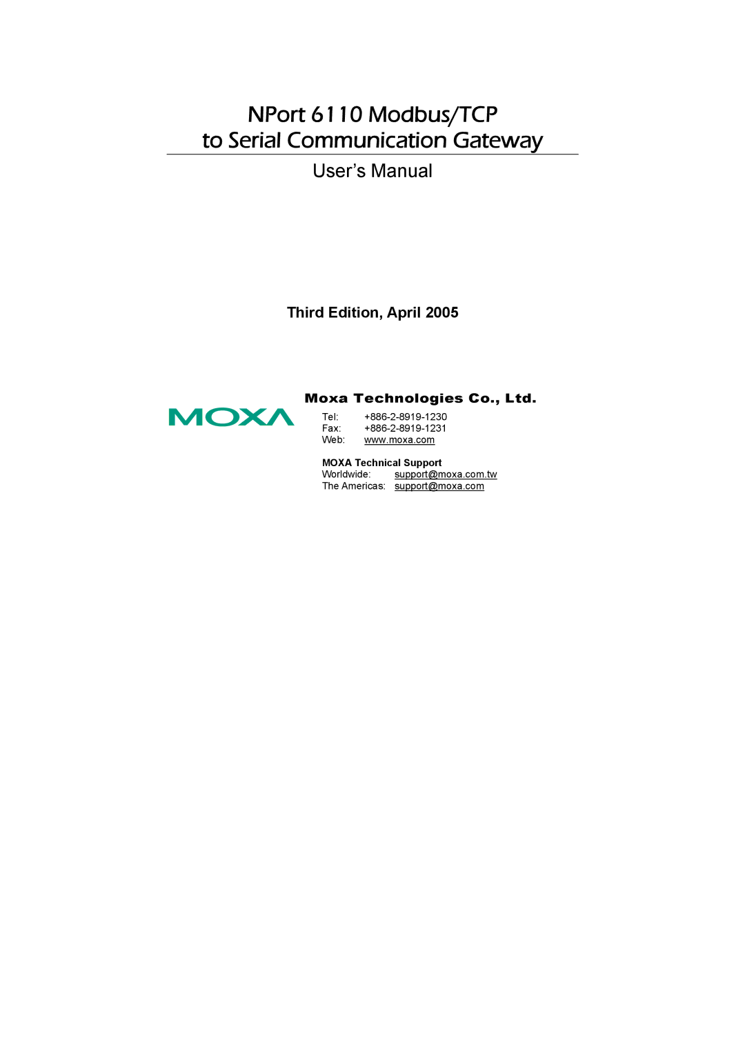 Moxa Technologies user manual NPort 6110 Modbus/TCP To Serial Communication Gateway 