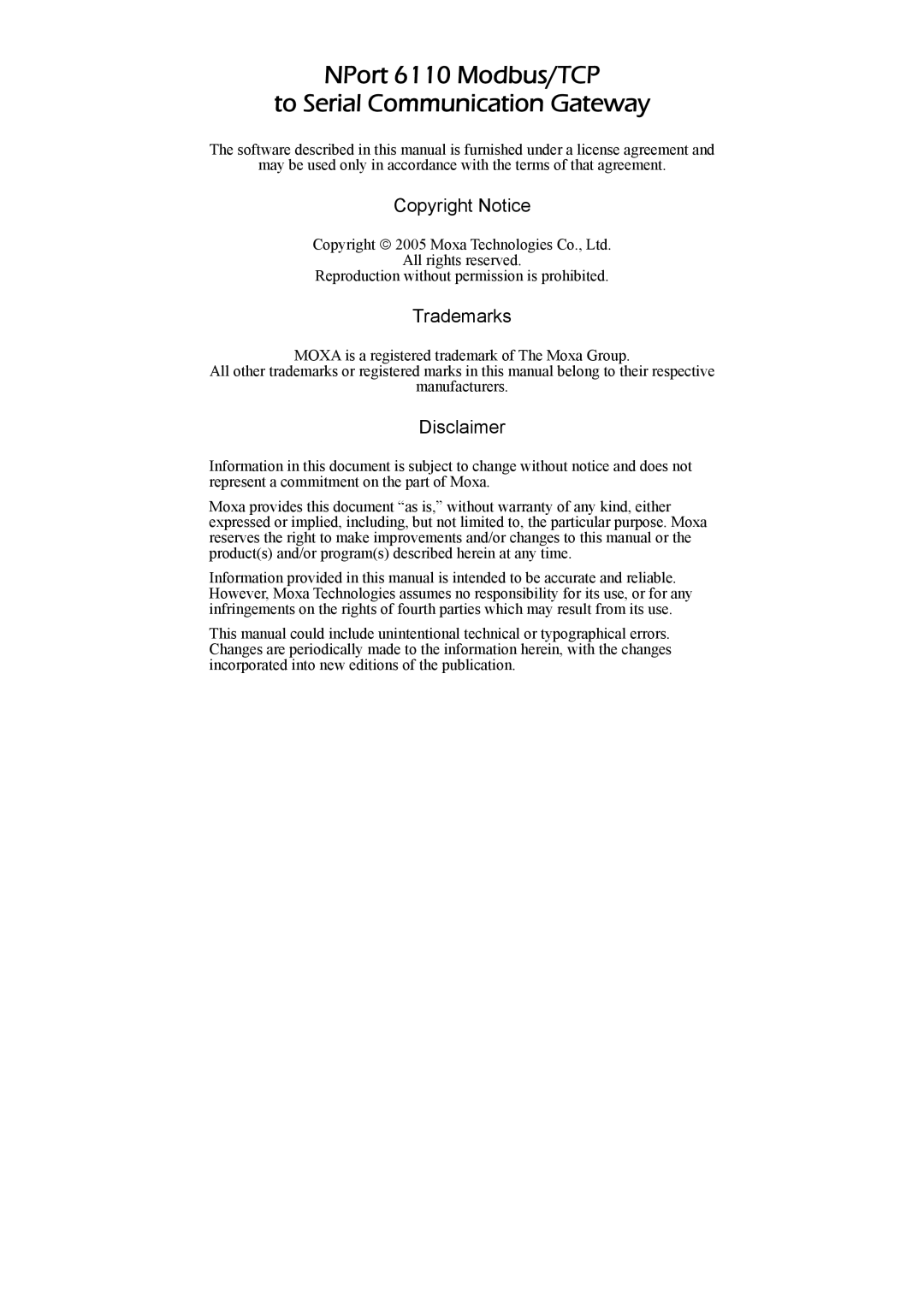 Moxa Technologies user manual NPort 6110 Modbus/TCP To Serial Communication Gateway 