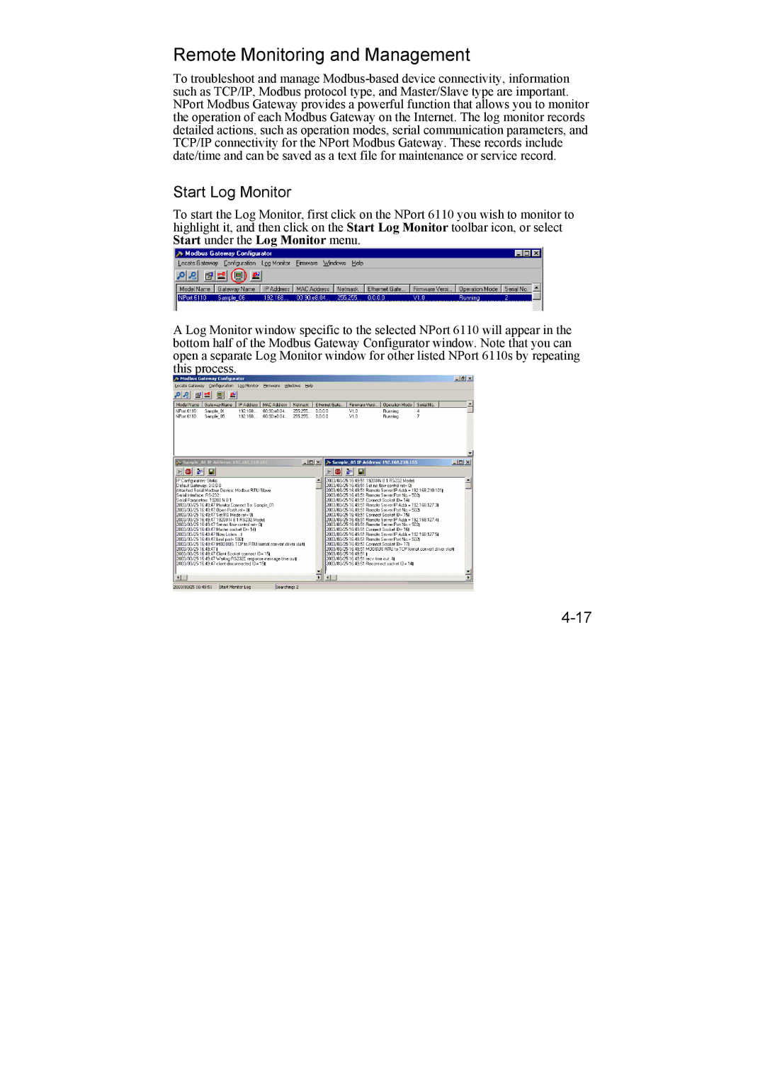 Moxa Technologies NPort 6110 user manual Remote Monitoring and Management, Start Log Monitor 