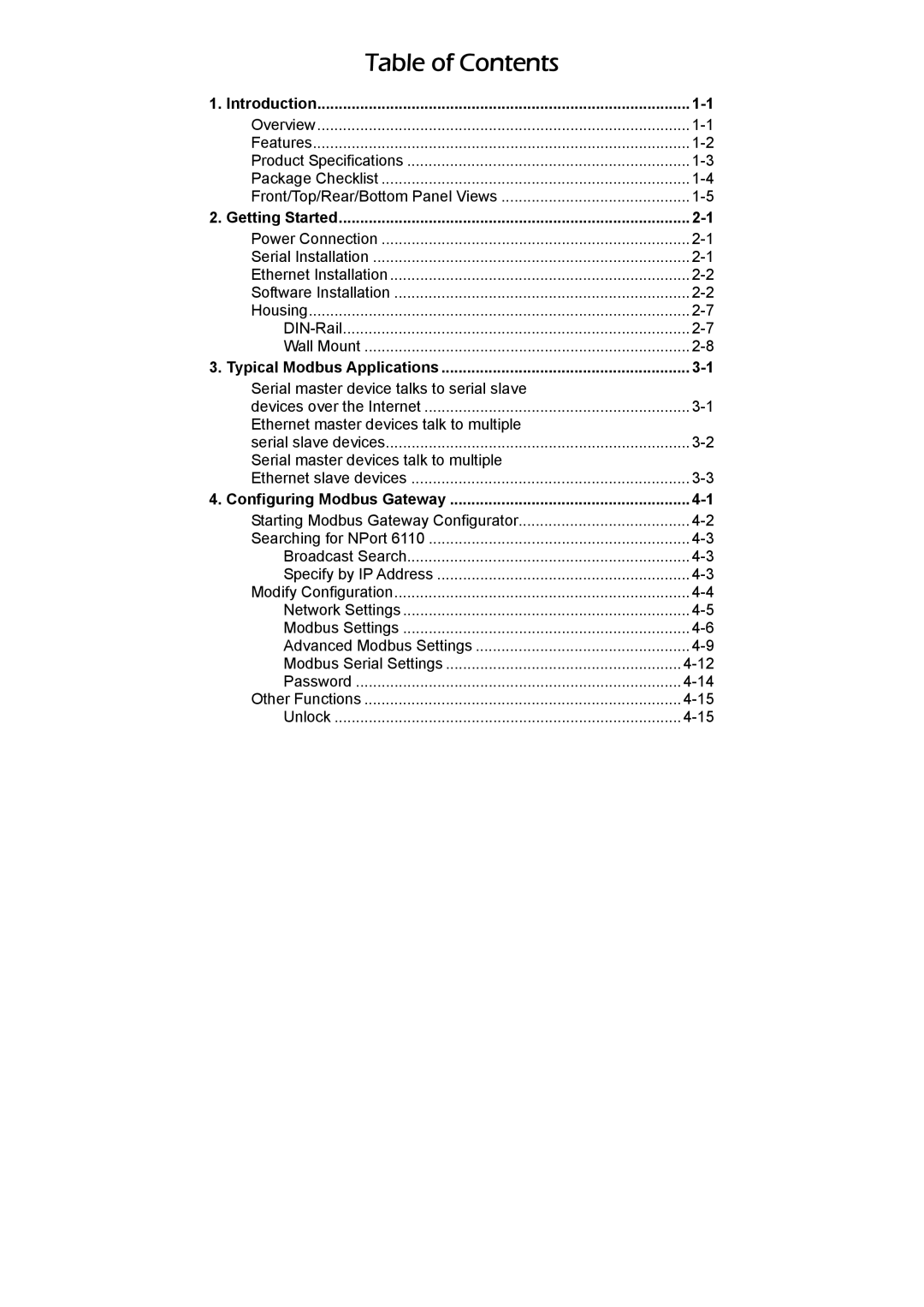 Moxa Technologies NPort 6110 user manual Table of Contents 