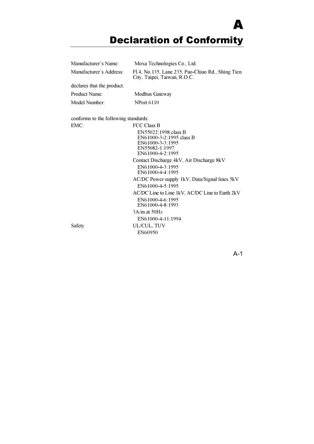 Moxa Technologies NPort 6110 user manual Declaration of Conformity 