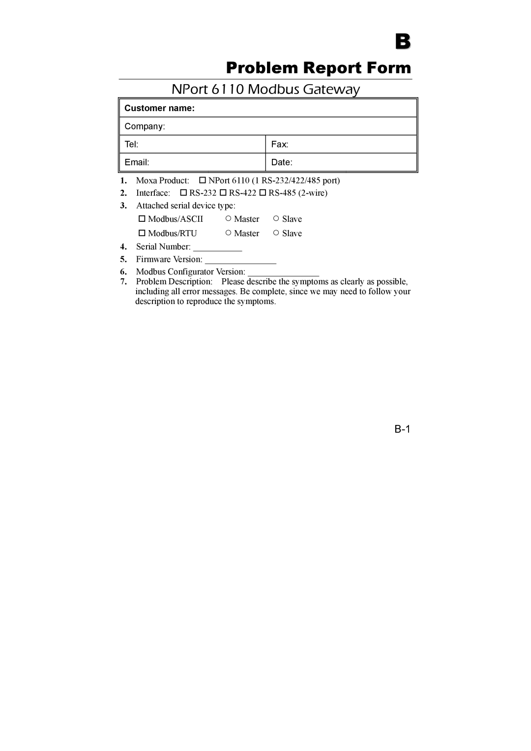 Moxa Technologies user manual Problem Report Form, NPort 6110 Modbus Gateway 