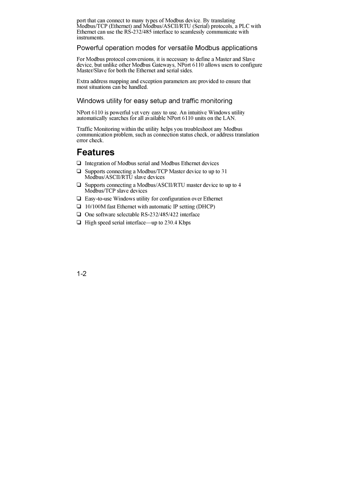 Moxa Technologies NPort 6110 user manual Features, Powerful operation modes for versatile Modbus applications 