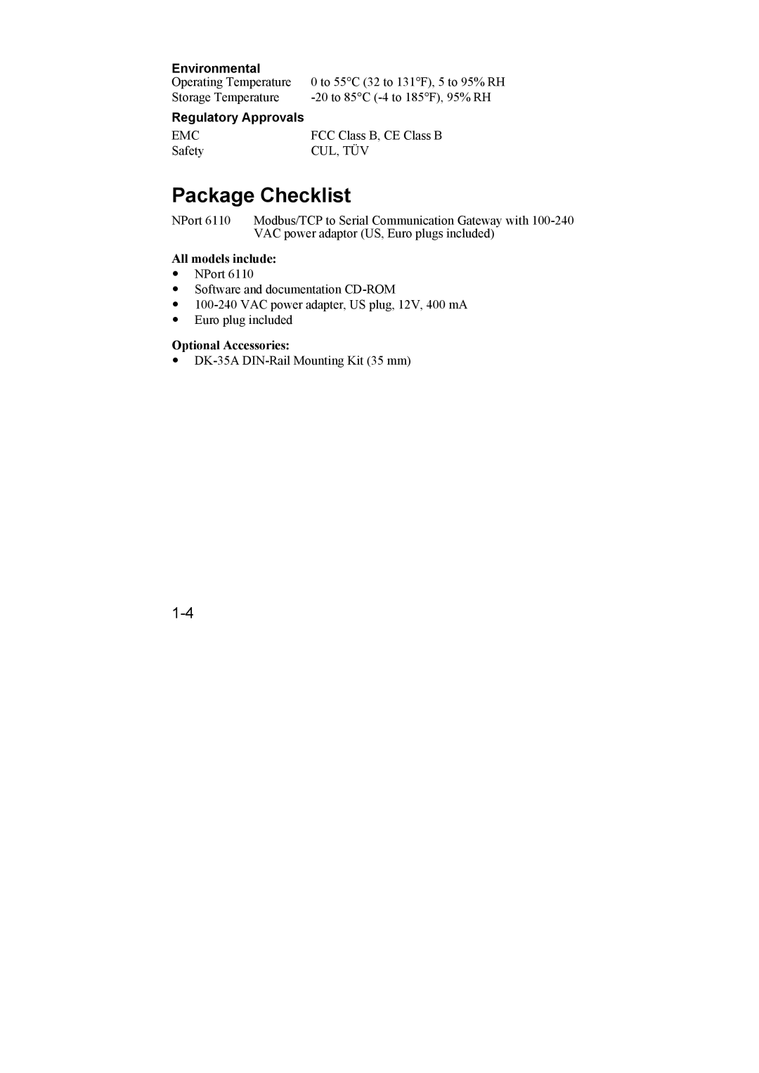 Moxa Technologies NPort 6110 user manual Package Checklist, Environmental 