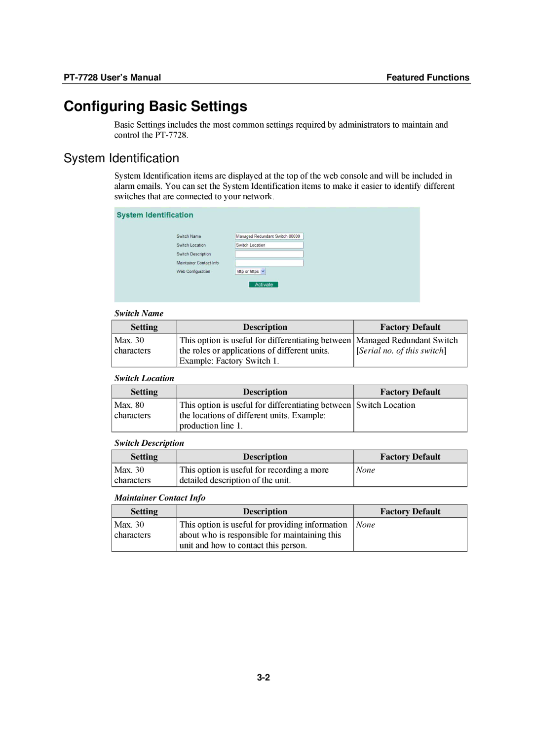 Moxa Technologies PT-7728 user manual Configuring Basic Settings, System Identification 