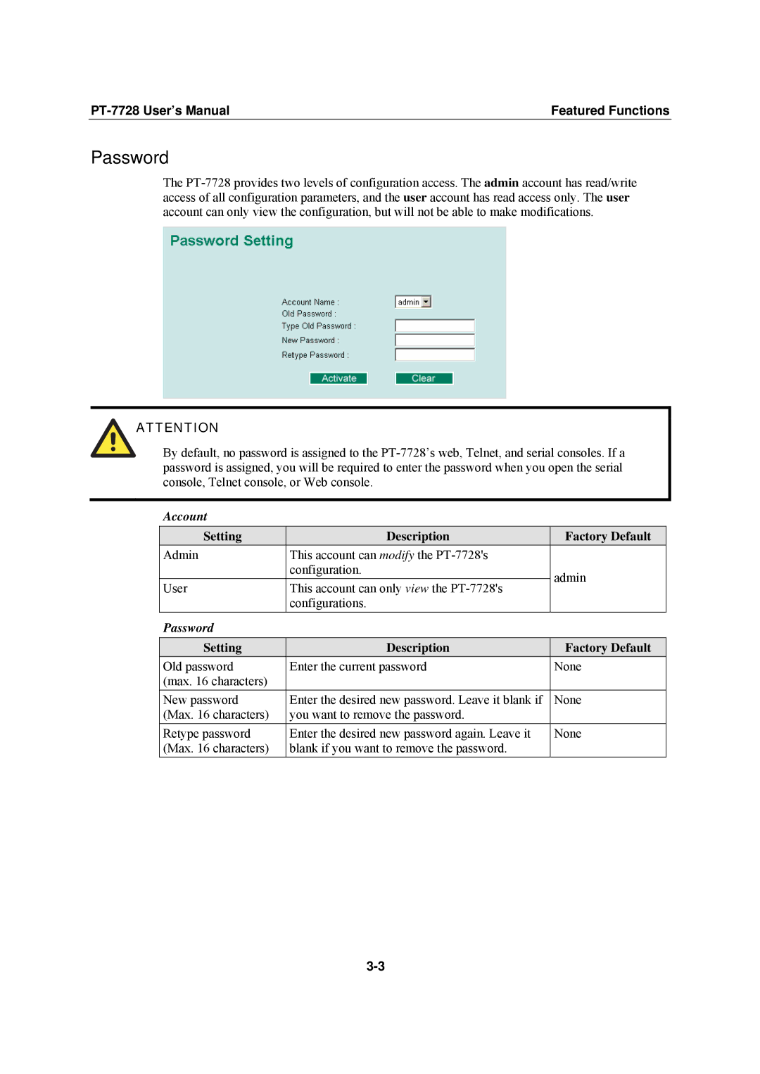 Moxa Technologies PT-7728 user manual Password, Account 