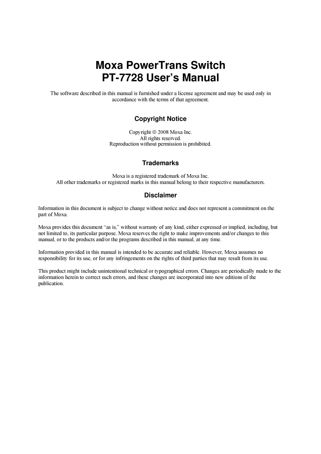 Moxa Technologies PT-7728 user manual Copyright Notice, Trademarks, Disclaimer 