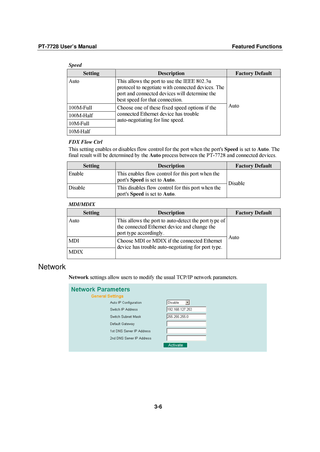 Moxa Technologies PT-7728 user manual Network, Speed, FDX Flow Ctrl 