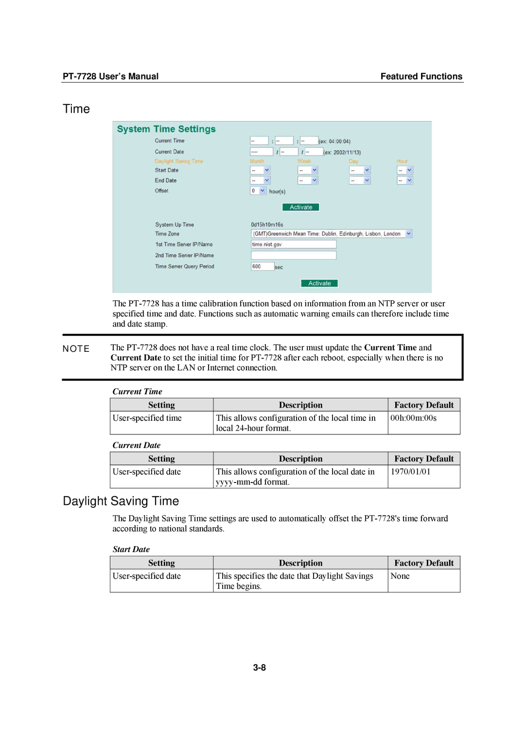 Moxa Technologies PT-7728 user manual Daylight Saving Time, Current Time, Current Date, Start Date 