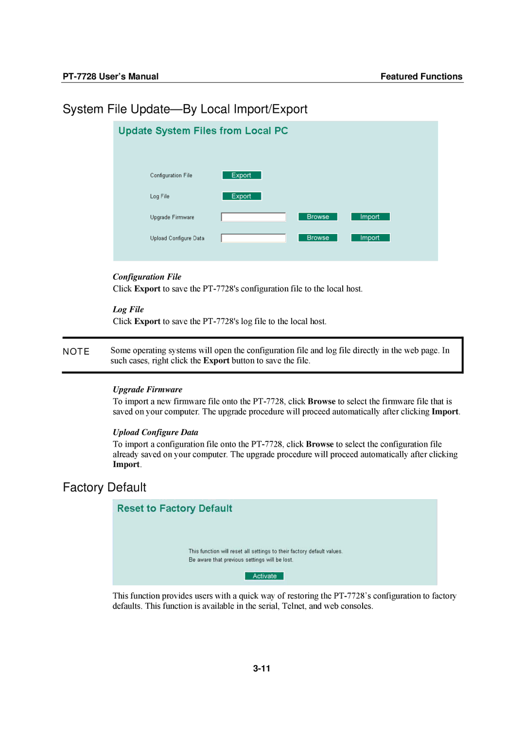 Moxa Technologies PT-7728 user manual System File Update-By Local Import/Export, Factory Default 