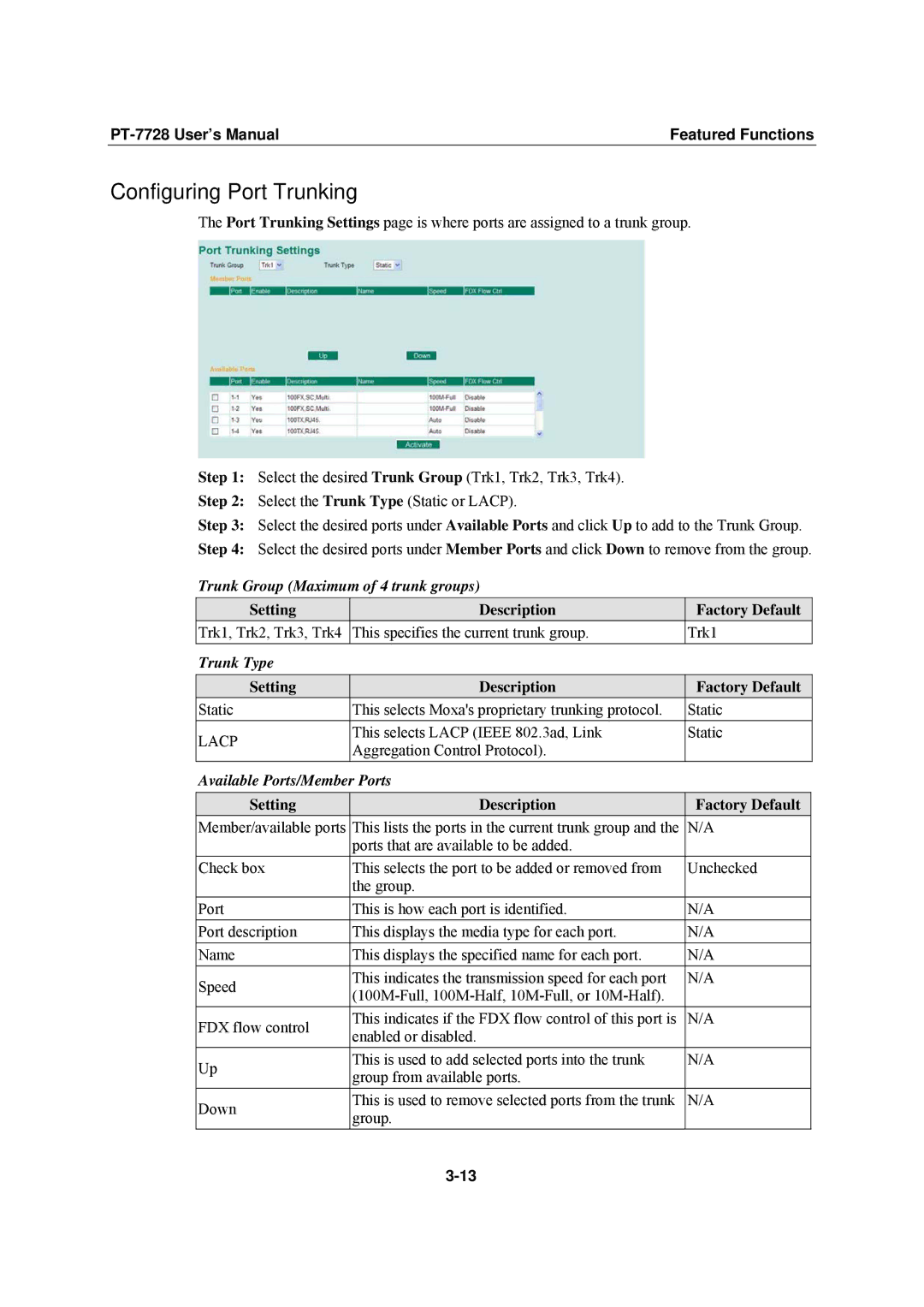 Moxa Technologies PT-7728 user manual Configuring Port Trunking, Trunk Group Maximum of 4 trunk groups, Trunk Type 