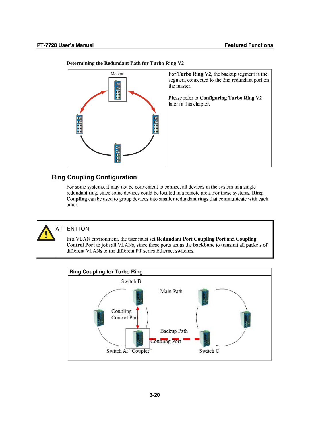 Moxa Technologies PT-7728 user manual Ring Coupling Configuration, Determining the Redundant Path for Turbo Ring 