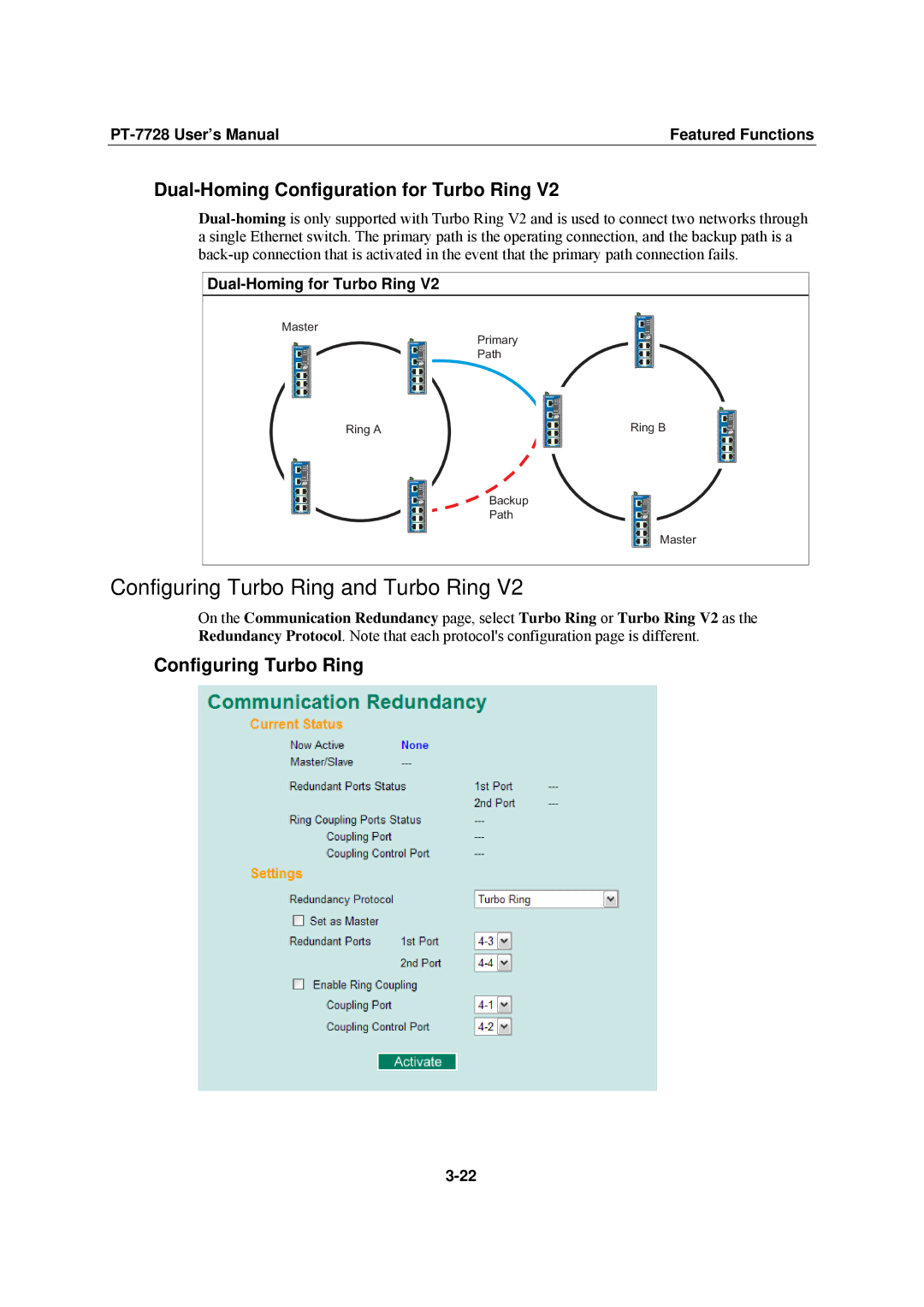 Moxa Technologies PT-7728 user manual Configuring Turbo Ring and Turbo Ring, Dual-Homing Configuration for Turbo Ring 